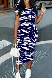 Multicolor Casual Print Patchwork O Neck Wrapped Skirt Dresses