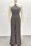 Deep Coffee Sexy Stripe Patchwork Turndown Collar Loose Jumpsuits