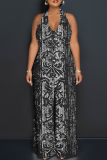Blue Casual Print Backless Strap Design Halter Loose Jumpsuits