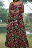Multicolor Sexy Print Patchwork Spaghetti Strap Long Plus Size Dresses