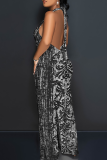 Blue Casual Print Backless Strap Design Halter Loose Jumpsuits