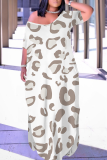 Baby Blue Casual Print Pocket Slit V Neck Long Dresses