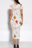 Multicolor Casual Print Patchwork O Neck Wrapped Skirt Dresses