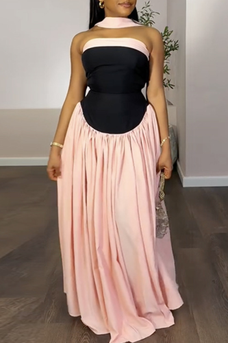 Pink Black Elegant Contrast Strapless Long Dresses