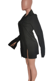 Black Casual Solid Color Buckle Slit Shirt Collar Shirt Dresses