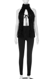 Black Sexy Solid Color Slit Strap Design O Neck Sleeveless Two Pieces