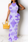 White Casual Print Patchwork O Neck Long Dresses
