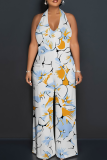 Light Blue Casual Print Backless Strap Design Halter Loose Jumpsuits
