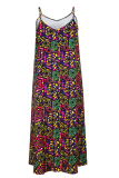 Multicolor Sexy Print Patchwork Spaghetti Strap Long Plus Size Dresses