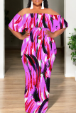 Apricot Casual Print Patchwork Off Shoulder Long Dresses