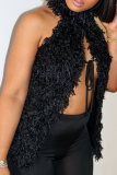 Black Sexy Solid Color Slit Strap Design O Neck Sleeveless Two Pieces
