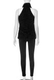 Black Sexy Solid Color Slit Strap Design O Neck Sleeveless Two Pieces