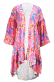 Pink Sexy Print Patchwork Cardigan Collar Plus Size Overcoat