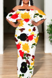 Apricot Casual Print Patchwork Off Shoulder Long Dresses