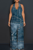 Blue Casual Print Backless Strap Design Halter Loose Jumpsuits