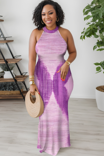 Pink Purple Casual Print Patchwork O Neck Long Dresses