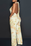 Blue Casual Print Backless Strap Design Halter Loose Jumpsuits