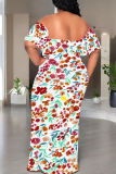 Apricot Casual Print Patchwork Off Shoulder Long Dresses
