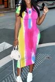 Multicolor Casual Print Patchwork O Neck Wrapped Skirt Dresses
