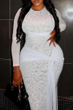 White Elegant Solid Color Ruched O Neck Long Dresses