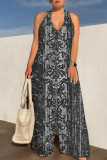 Blue Casual Print Backless Strap Design Halter Loose Jumpsuits