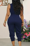 Tibetan Blue Casual Solid Color Pocket Lace Up U Neck Sleeveless Two Pieces