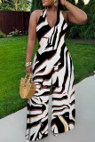 Light Blue Casual Print Backless Strap Design Halter Loose Jumpsuits