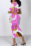 Multicolor Casual Print Patchwork O Neck Wrapped Skirt Dresses