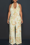Blue Casual Print Backless Strap Design Halter Loose Jumpsuits