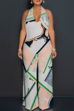 Blue Casual Print Backless Strap Design Halter Loose Jumpsuits
