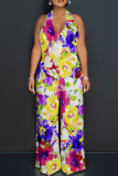 Light Blue Casual Print Backless Strap Design Halter Loose Jumpsuits