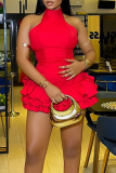 Red Sexy Solid Color Backless Halter Cake Skirt Dresses