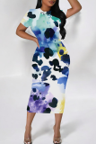 Multicolor Casual Print Patchwork O Neck Wrapped Skirt Dresses