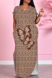 Baby Blue Casual Print Pocket Slit V Neck Long Dresses