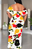 Apricot Casual Print Patchwork Off Shoulder Long Dresses