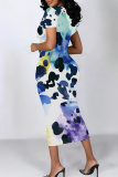 Multicolor Casual Print Patchwork O Neck Wrapped Skirt Dresses