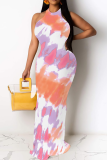 White Casual Print Patchwork O Neck Long Dresses