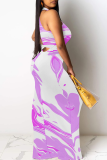 White Casual Print Patchwork O Neck Long Dresses