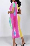 Multicolor Casual Print Patchwork O Neck Wrapped Skirt Dresses