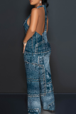 Blue Casual Print Backless Strap Design Halter Loose Jumpsuits