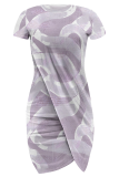 White Sexy Print Slit O Neck Irregular Dresses
