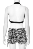White Sexy Leopard Print Backless Slit Deep V Neck Sleeveless Two Pieces