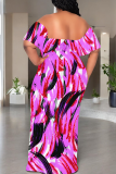 Apricot Casual Print Patchwork Off Shoulder Long Dresses