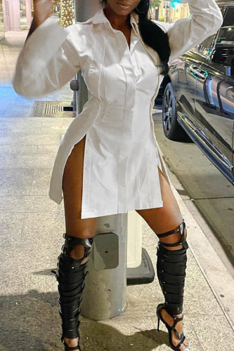 White Casual Solid Color Buckle Slit Shirt Collar Shirt Dresses
