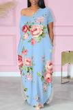 Baby Blue Casual Print Pocket Slit V Neck Long Dresses