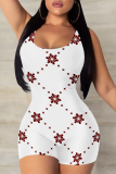 White Sexy Print Patchwork U Neck Skinny Rompers
