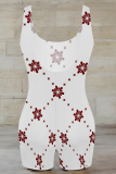 White Sexy Print Patchwork U Neck Skinny Rompers