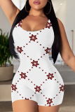 White Sexy Print Patchwork U Neck Skinny Rompers