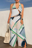 Blue Casual Print Backless Strap Design Halter Loose Jumpsuits