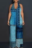 Blue Casual Print Backless Strap Design Halter Loose Jumpsuits